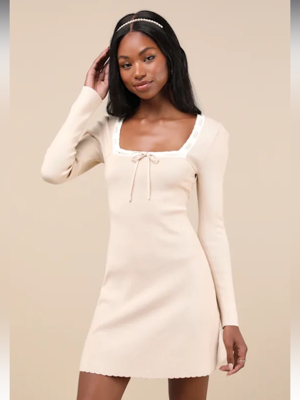 Definitely Sweet Beige Scalloped Long Sleeve Mini Sweater Dress